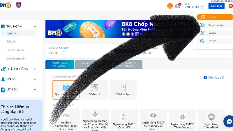Bước 1: Đăng nhập và chọn "nạp tiền"